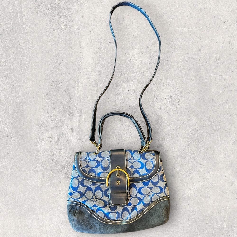 Vintage Coach Signature Leather and Suede Crossbody Rare Blue